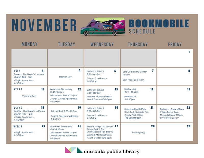 November Bookmobile schedule